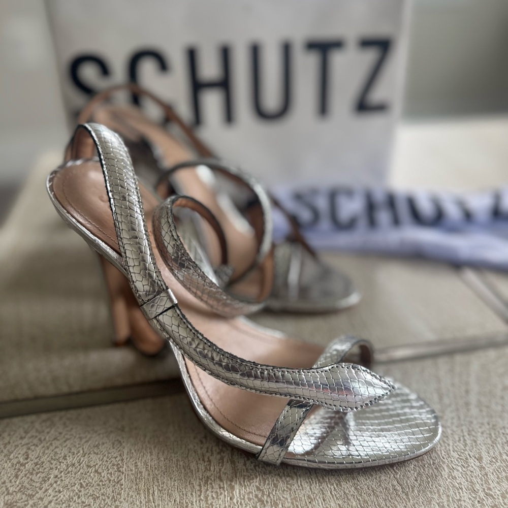 SCHUTZ Metallic Silver Strappy Heels
